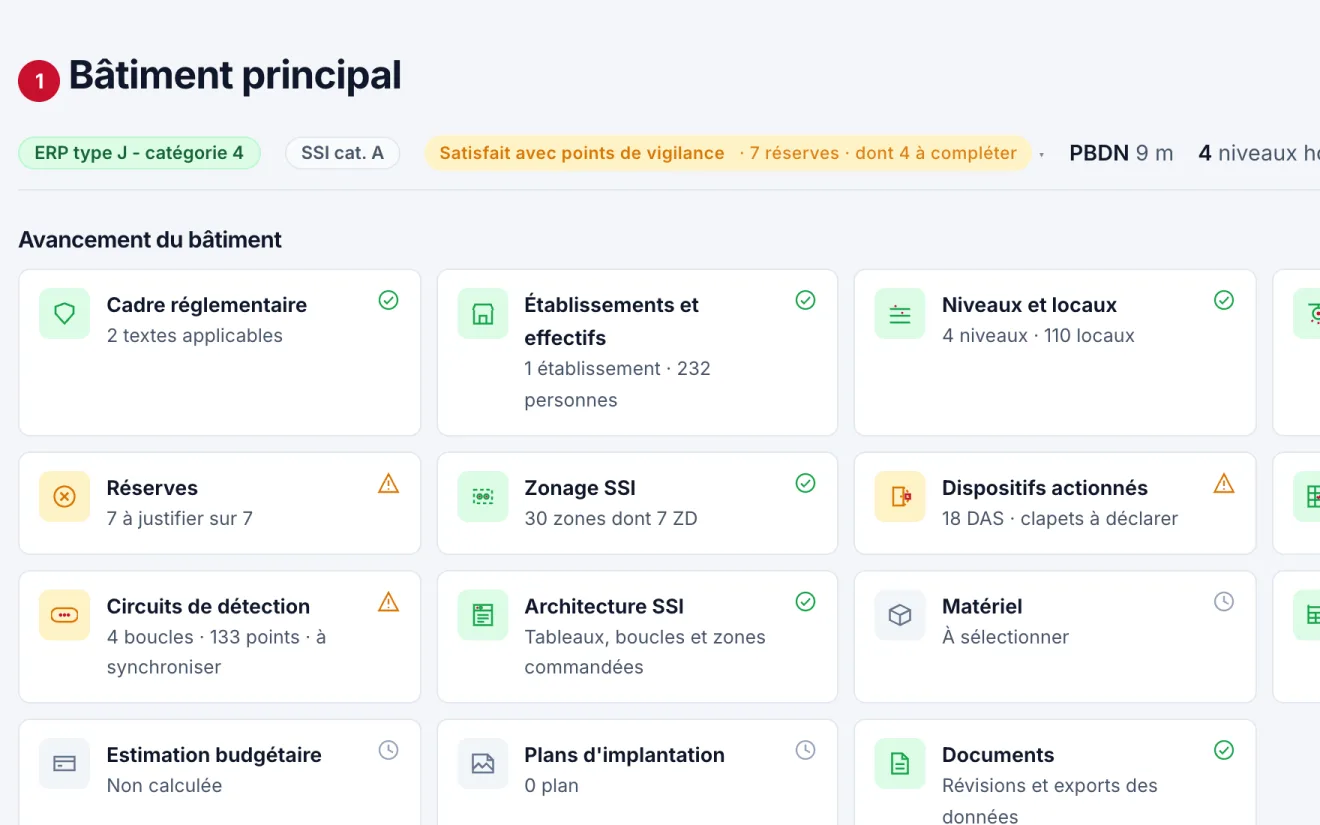Fiche d'un bâtiment dans Soterys : l'avancement de l'étude, du cadre réglementaire à l'inventaire SSI