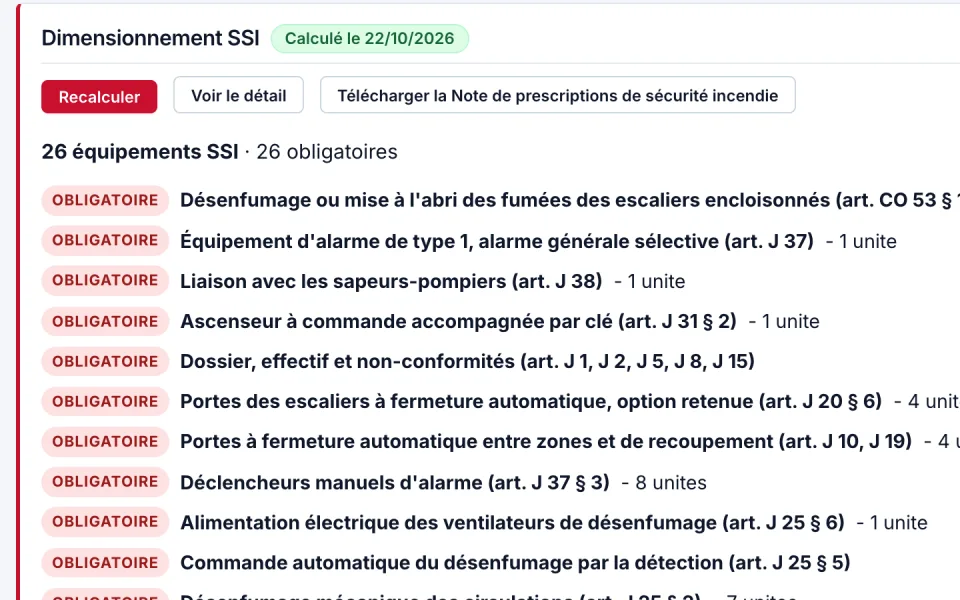 Dimensionnement : chaque équipement obligatoire avec l'article qui l'impose